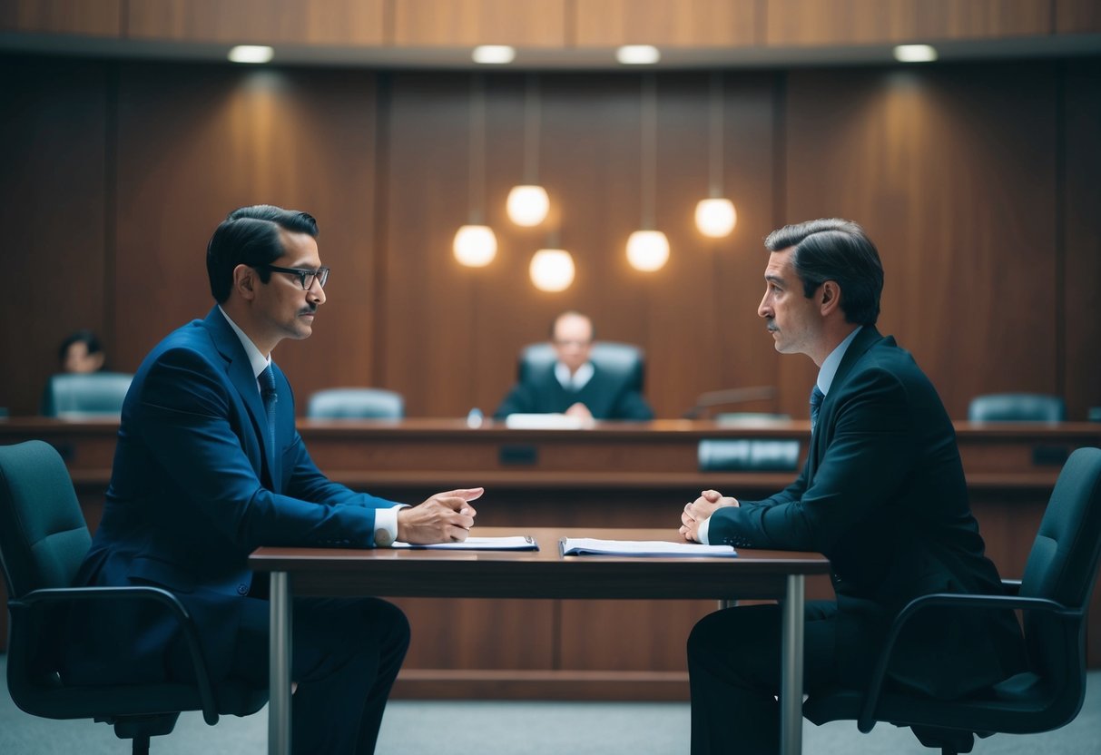 A lawyer and a defendant sit across from each other at a table, discussing terms and conditions in a dimly lit courtroom