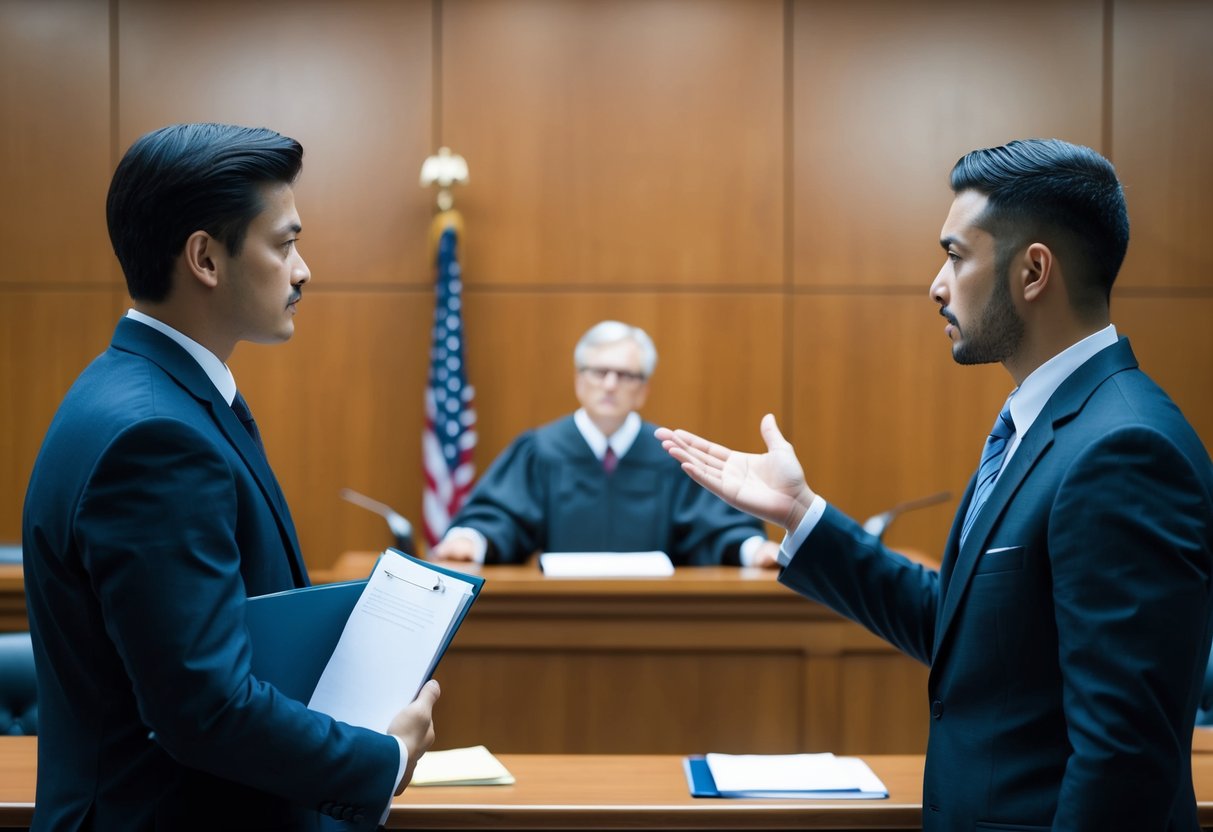 A courtroom scene with two lawyers facing each other, one holding a file and the other gesturing confidently. A judge observes from the bench