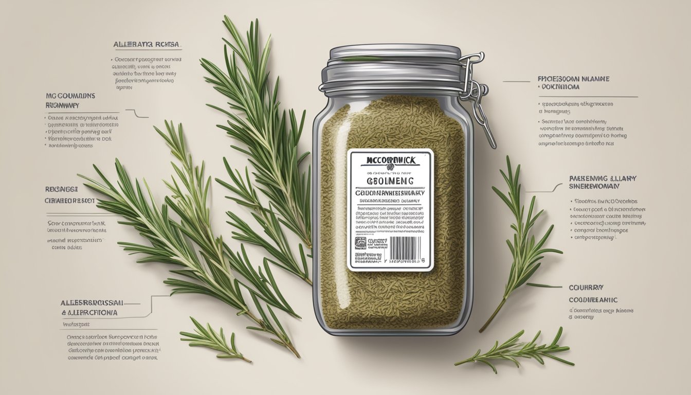 A jar of McCormick Gourmet Organic Crushed Rosemary surrounded by sprigs of fresh rosemary and a list of allergen and ingredient information