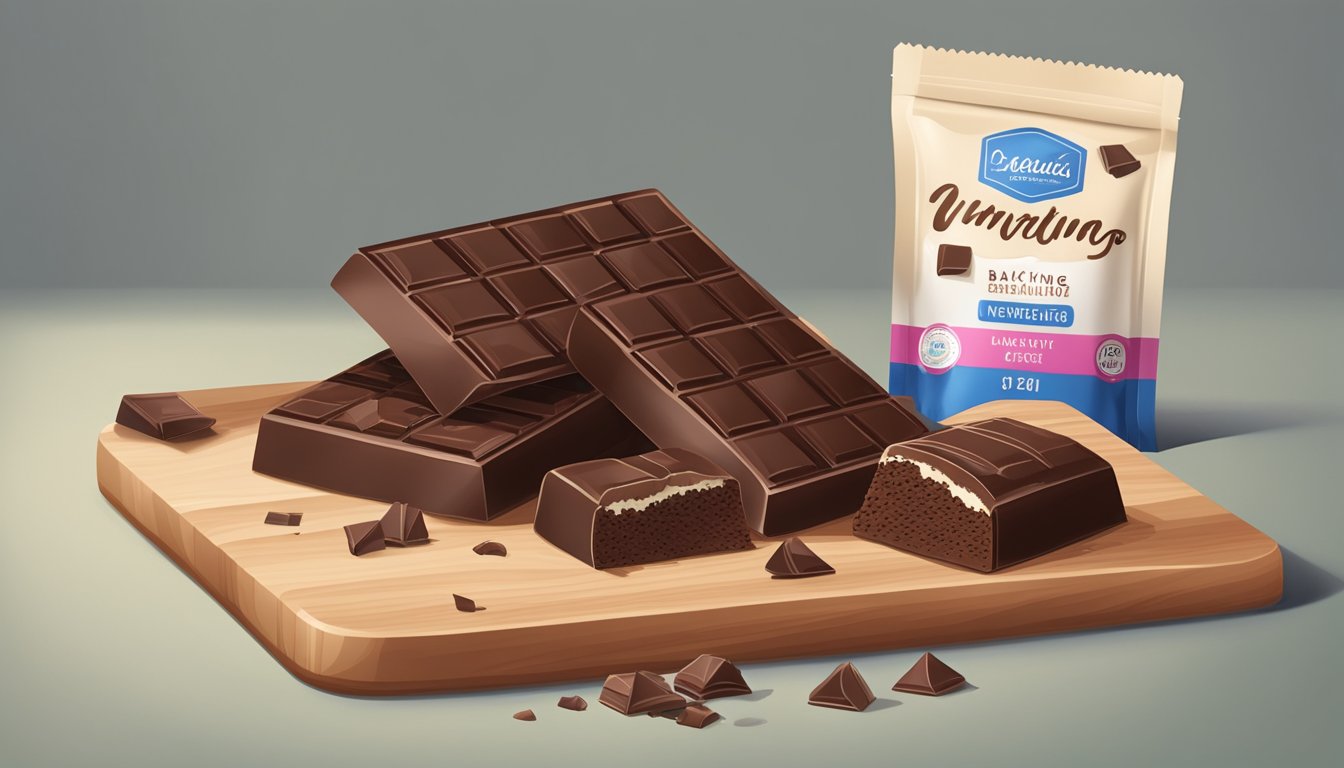 An open package of unsweetened baking chocolate with a few broken pieces on a wooden cutting board