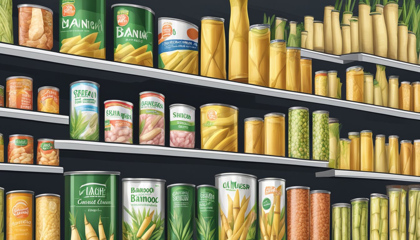 A variety of canned bamboo shoots arranged in a neat display, with different brands and sizes lined up on a shelf in a grocery store