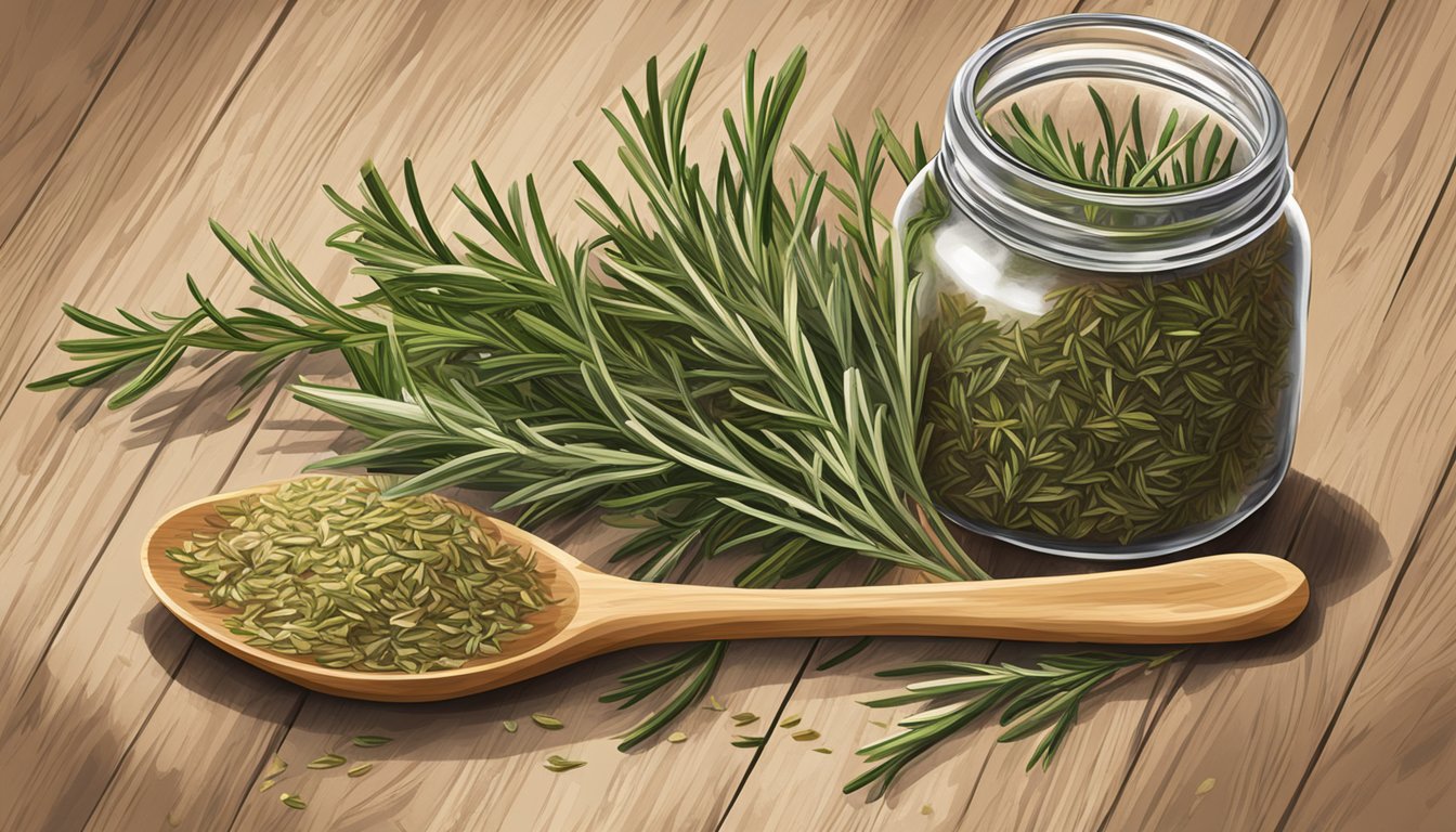 A glass jar of McCormick Gourmet Organic Crushed Rosemary surrounded by fresh rosemary sprigs and a rustic wooden spoon