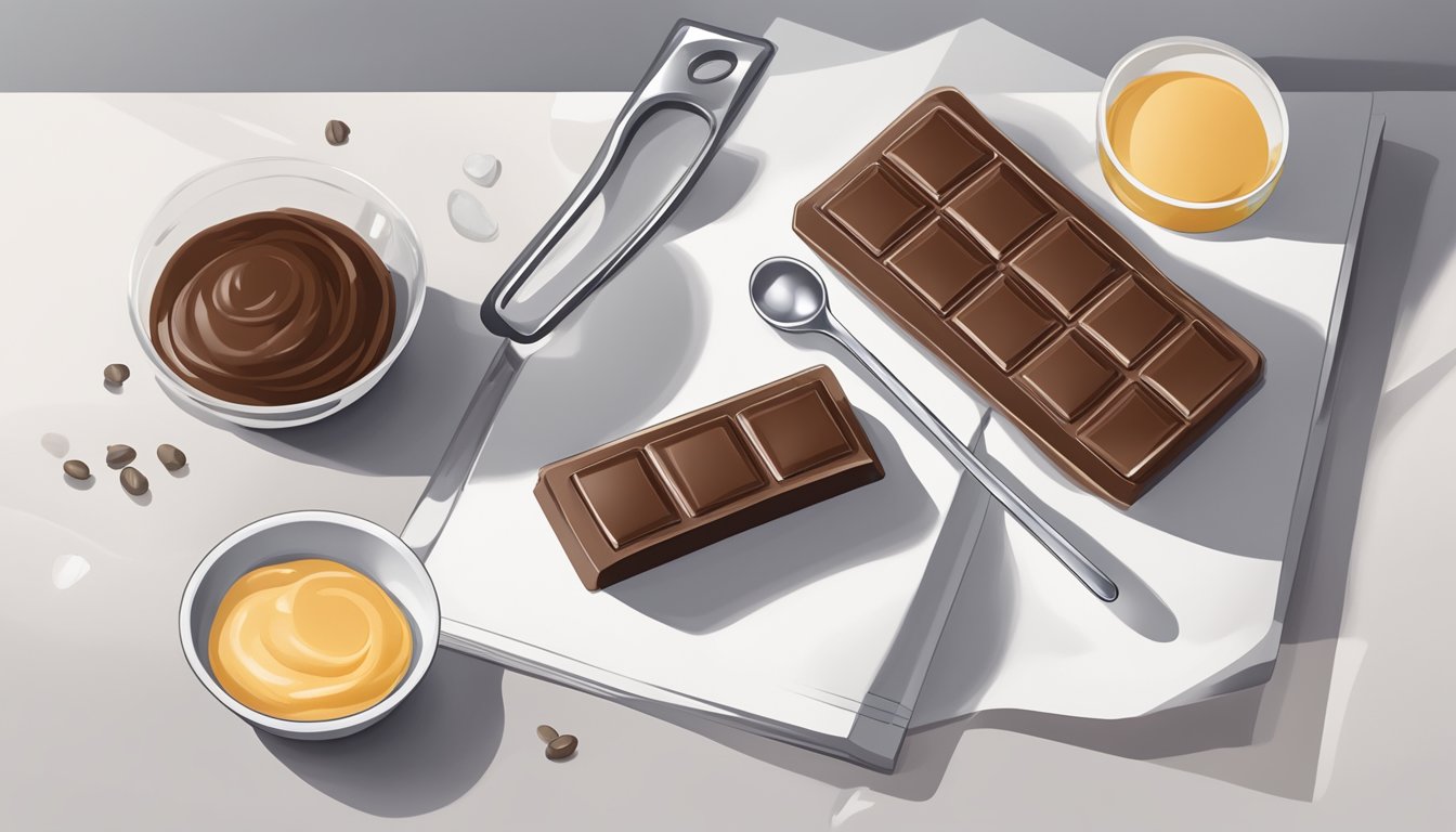 A baker's unsweetened baking chocolate bar on a clean, white countertop surrounded by measuring spoons, a mixing bowl, and a recipe book