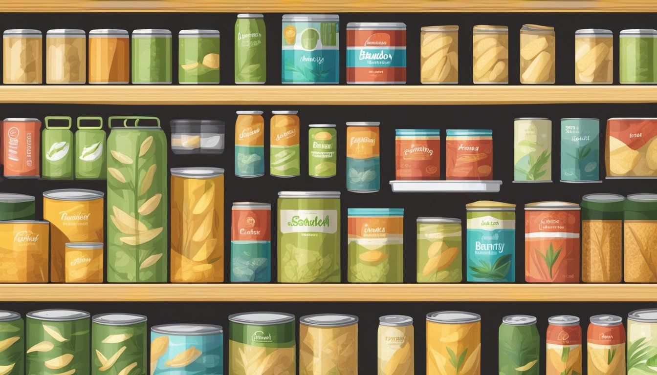 A neatly organized pantry shelf with various branded cans of bamboo shoots, some opened and others still sealed, ready for storage