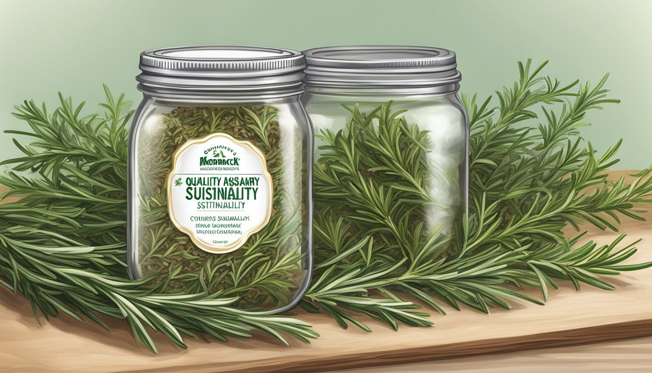 A glass jar of McCormick Gourmet Organic Crushed Rosemary surrounded by fresh rosemary sprigs and a label with "Quality Assurance and Sustainability" prominently displayed