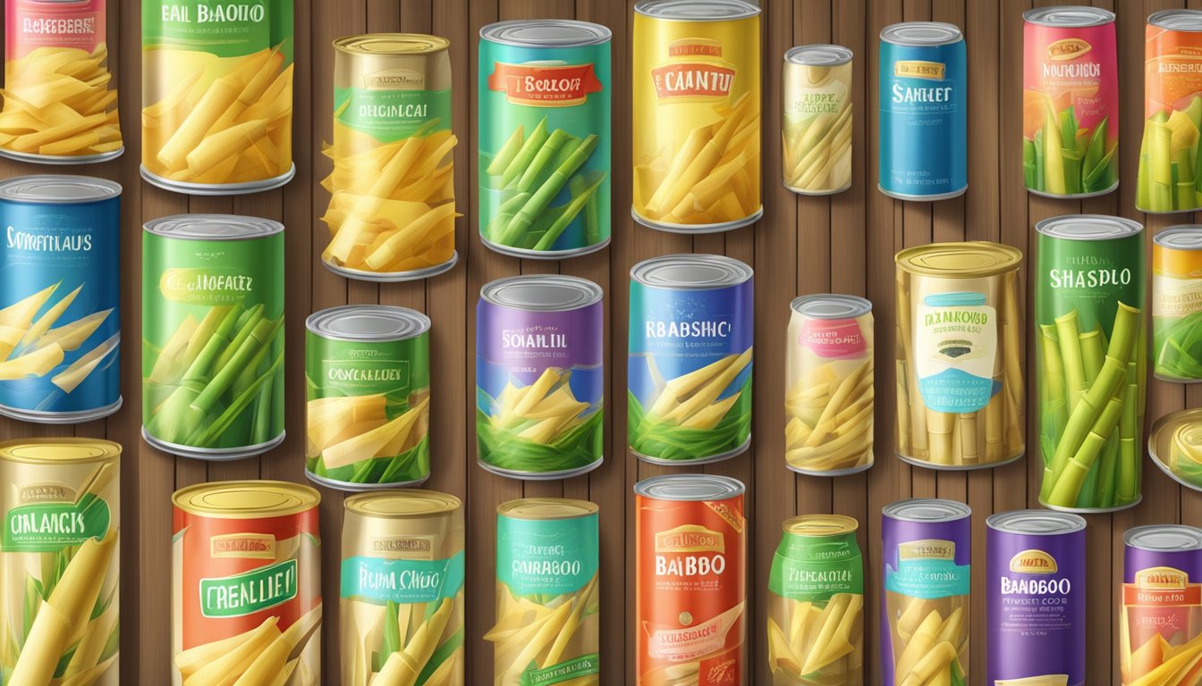 A variety of canned bamboo shoots arranged on a wooden table, with colorful labels and different sizes and shapes of cans