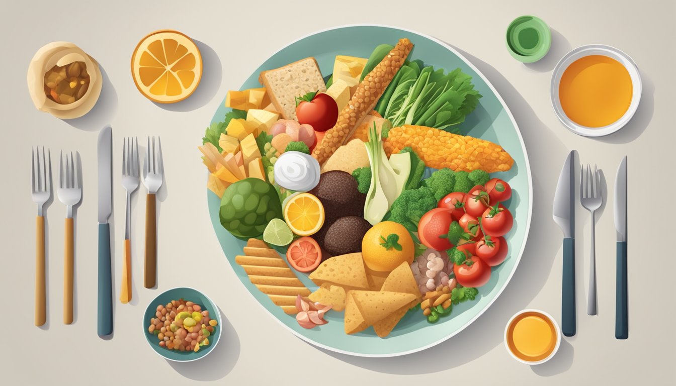 A diverse array of food items arranged around a solitary plate, symbolizing the clash between traditional eating habits and modern food-centric culture