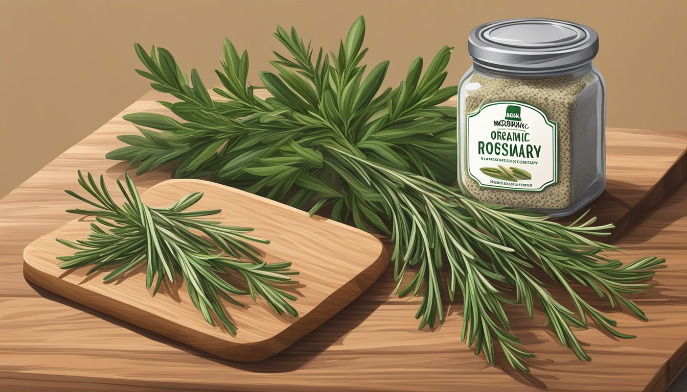 A jar of McCormick Gourmet Organic Crushed Rosemary surrounded by fresh rosemary sprigs and other organic herbs on a wooden cutting board