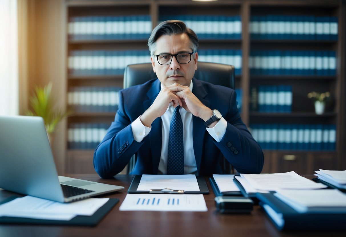 A criminal defense attorney sits at a desk, surrounded by legal documents and a laptop. They are deep in thought, strategizing and preparing for a negotiation