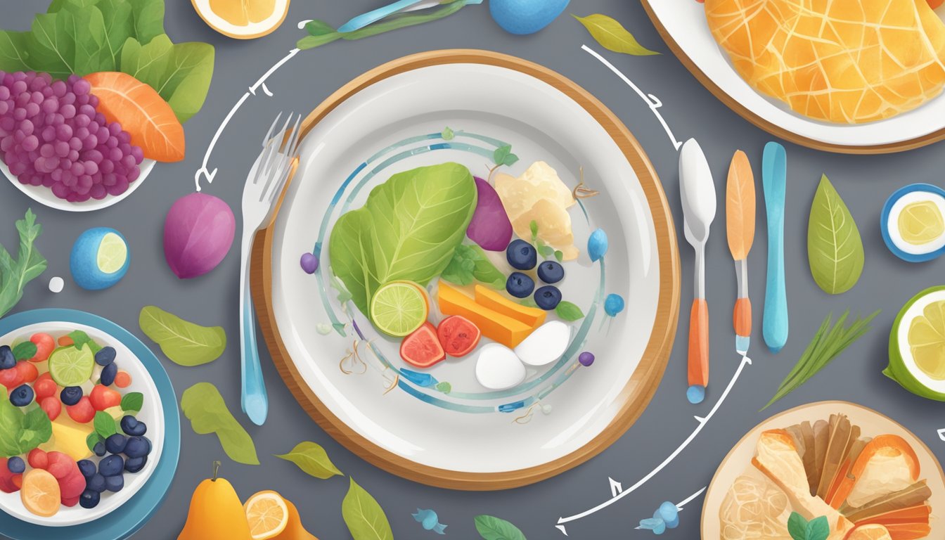 A plate with a variety of nutrient-dense foods surrounded by hormone symbols and arrows indicating a connection