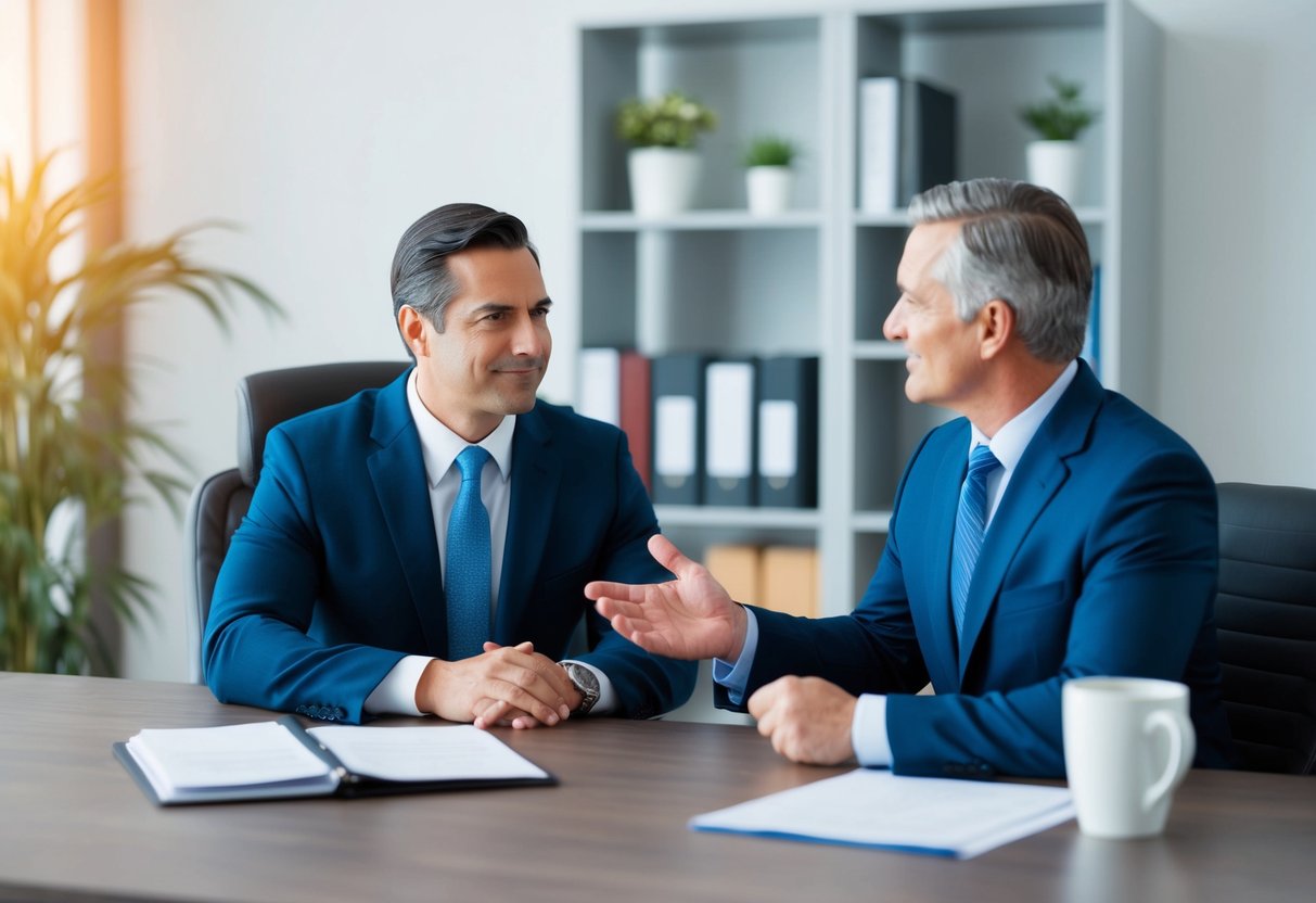 A criminal defense attorney confidently negotiating with a client in a professional office setting