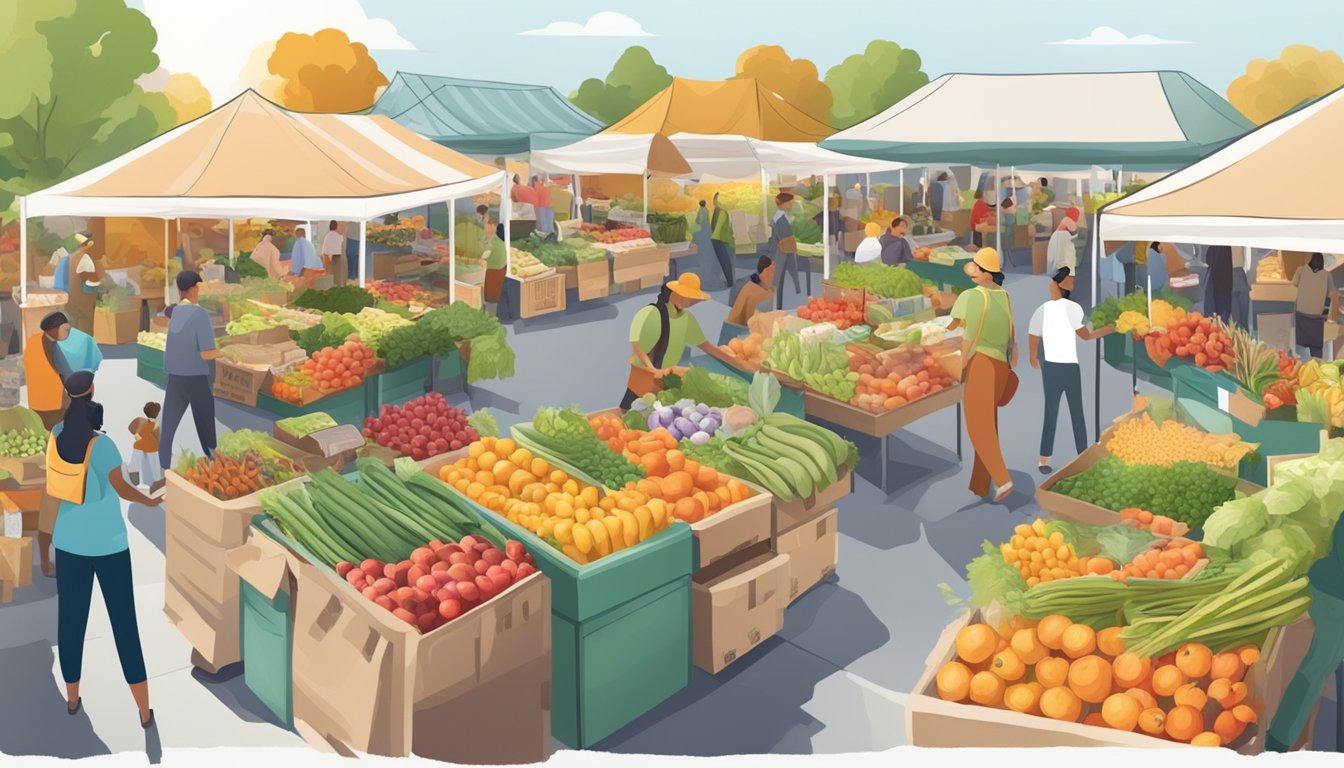 A bustling farmers' market with colorful, locally grown produce and sustainable food vendors surrounded by eco-friendly packaging and reusable containers