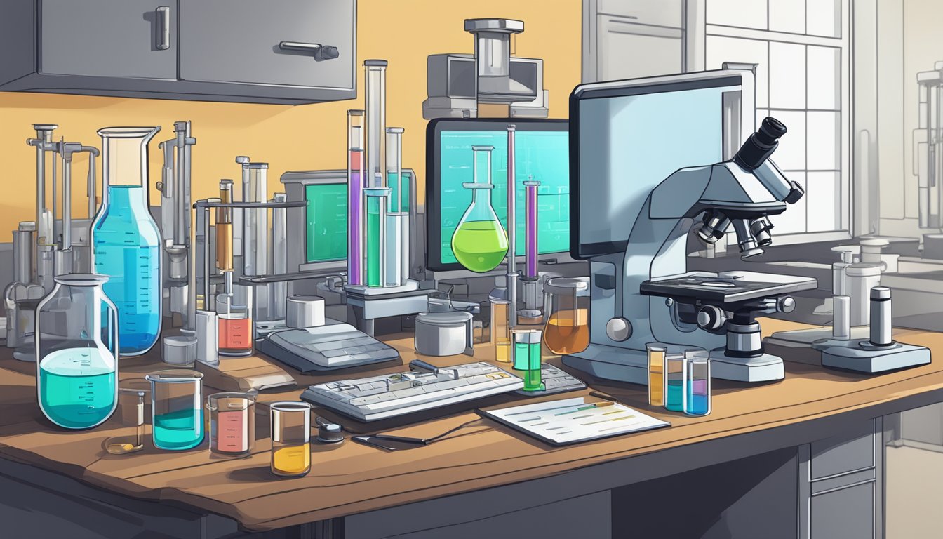 A laboratory setting with beakers and test tubes, a microscope, and scientific equipment. A chart or graph showing the connection between OMAD and hormone levels