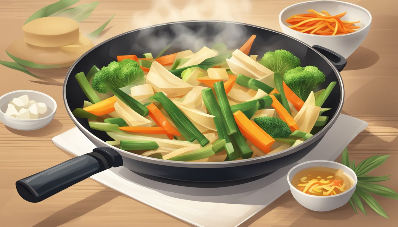 A steaming wok sizzles with stir-fried vegetables, including sliced canned bamboo shoots, sizzling in a fragrant Asian kitchen