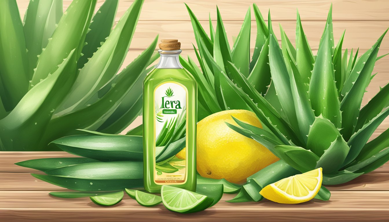 A bottle of Iberia Aloe Vera Drink surrounded by fresh aloe vera leaves and sliced lemons on a wooden table