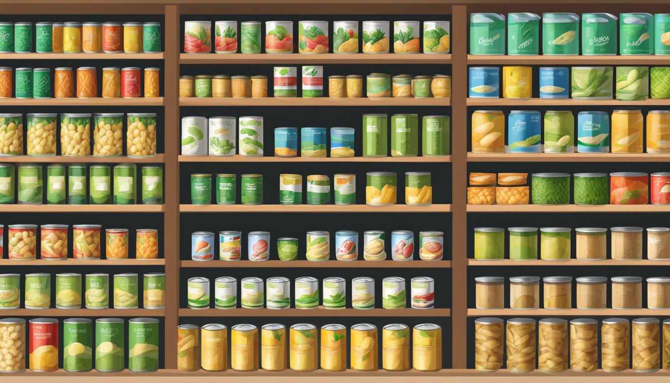 A variety of canned bamboo shoots displayed on a shelf in a grocery store. Different brands and categories are neatly organized with colorful labels