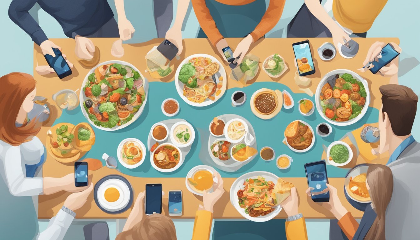 A table set with a variety of food dishes, surrounded by people engrossed in their smartphones, with social media icons floating above their heads