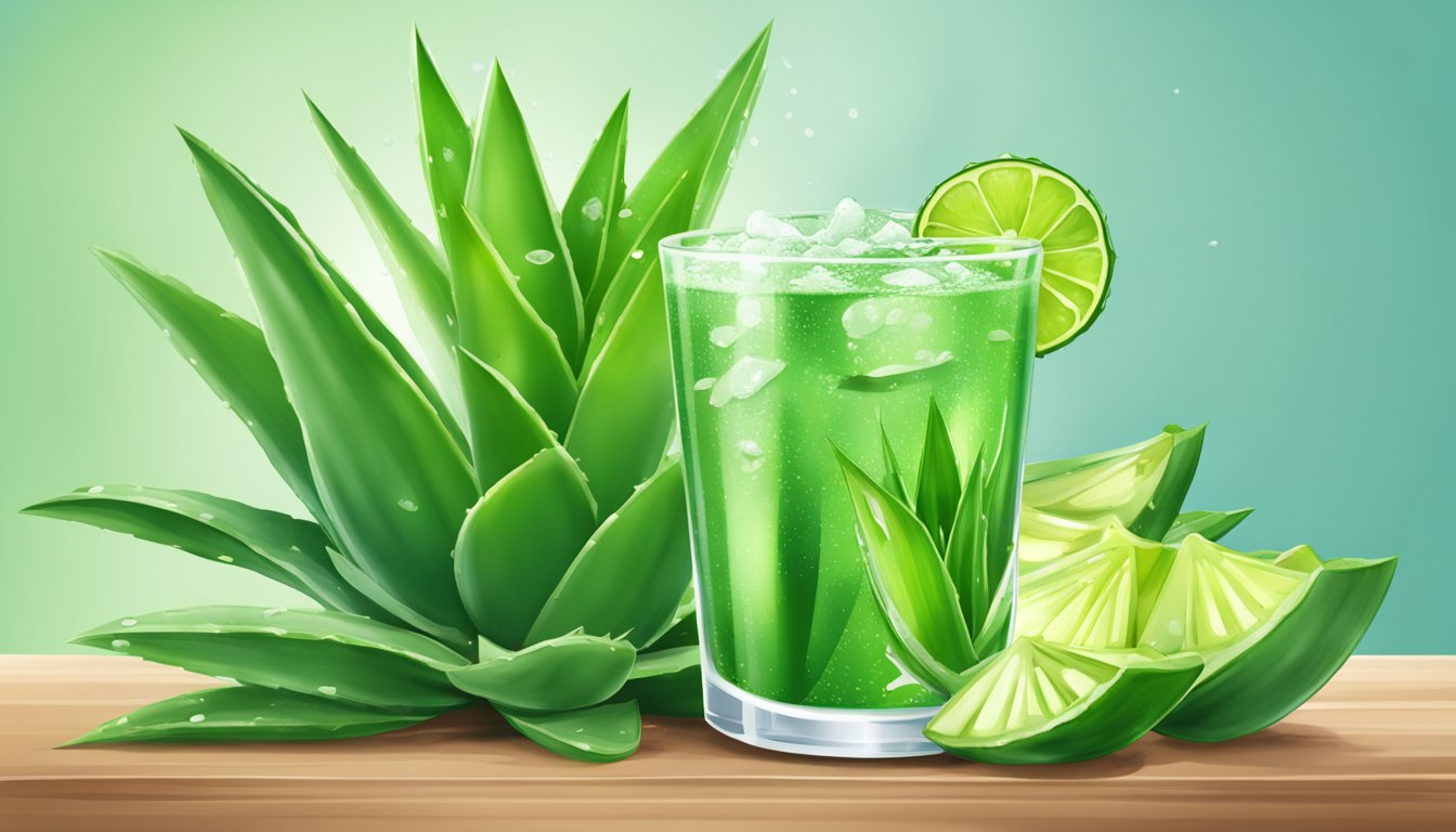 A glass of Iberia Aloe Vera Drink Original with condensation on the outside, surrounded by fresh aloe vera leaves and a slice of the plant floating inside