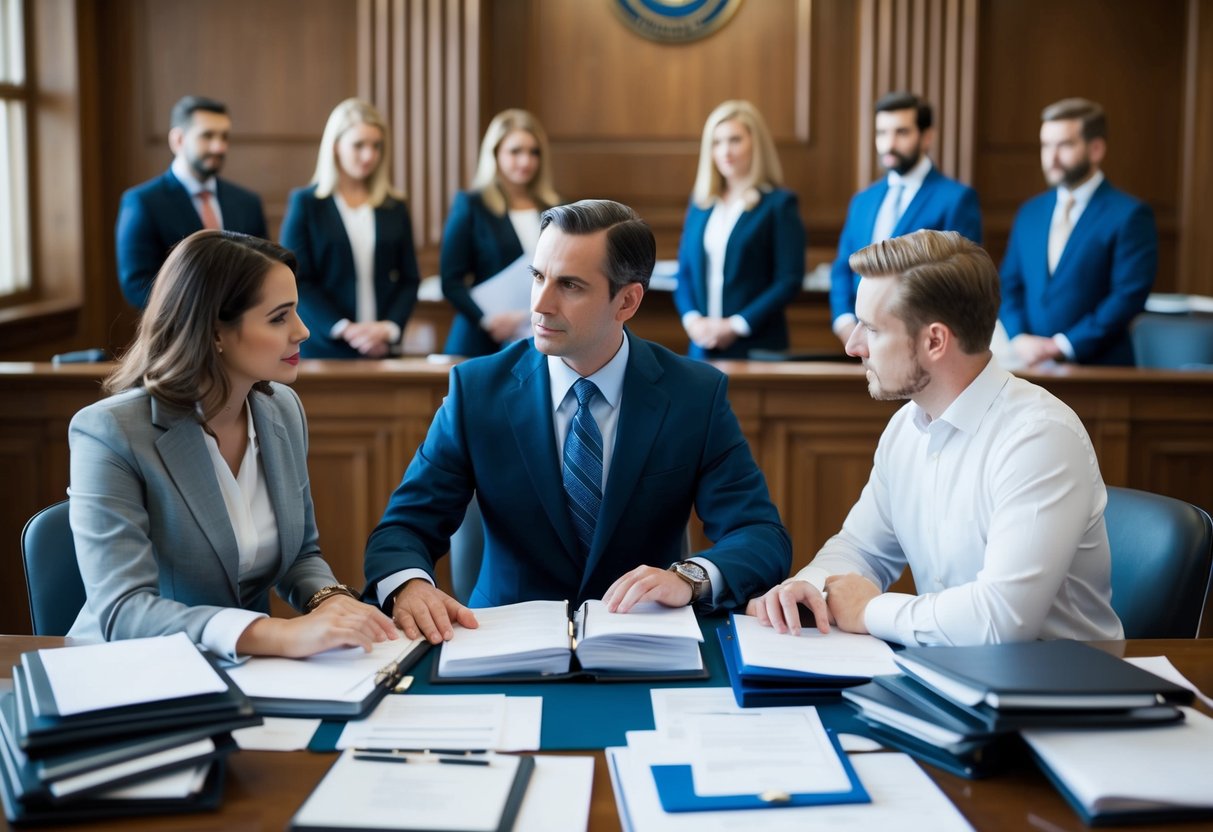 A criminal lawyer in Marietta confidently negotiates with clients in a courtroom, surrounded by various case files and legal documents