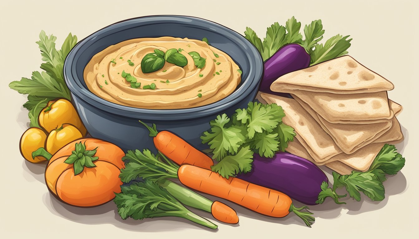 A bowl of wild garden traditional hummus dip surrounded by fresh vegetables and pita bread