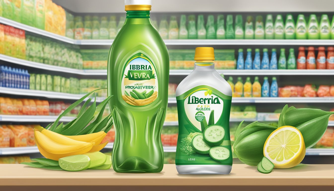 A bottle of Iberia Aloe Vera Drink sits on a shelf, surrounded by other beverages in a grocery store. The label prominently displays the product name and logo