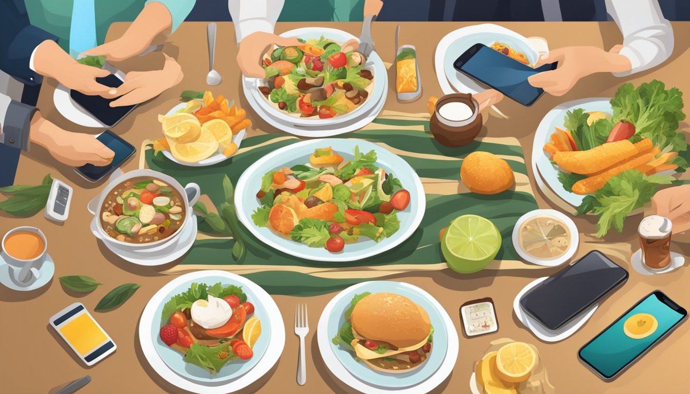 A table set with a variety of foods, surrounded by people on their phones, with a clock ticking in the background