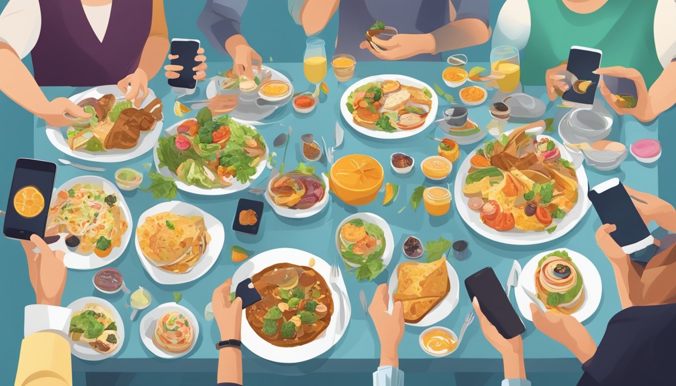 A table set with a variety of food dishes, surrounded by people engrossed in their smartphones, with a sense of overwhelm and distraction in the air