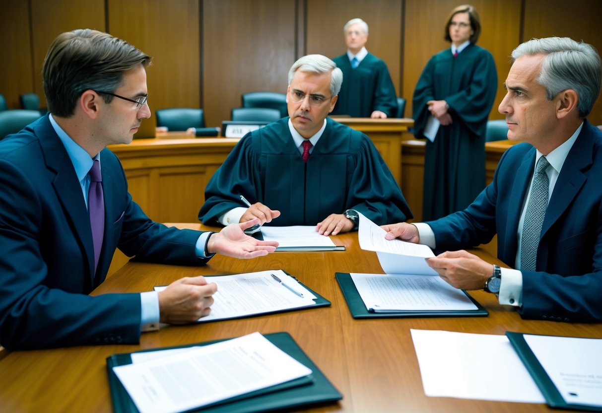 A courtroom with lawyers, judge, and defendant. Body language shows tension and negotiation. Documents and evidence are presented