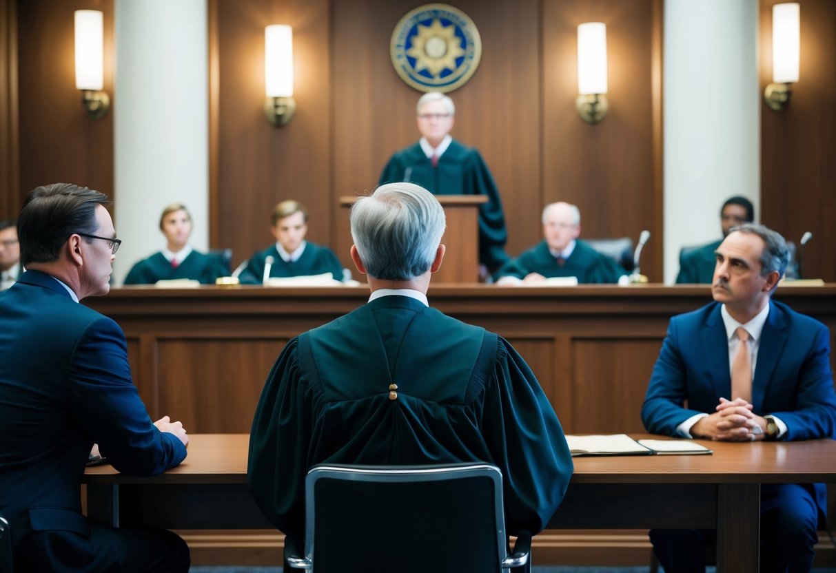 A courtroom scene with a judge presiding over a criminal case, lawyers presenting arguments, and a defendant sitting at the defense table