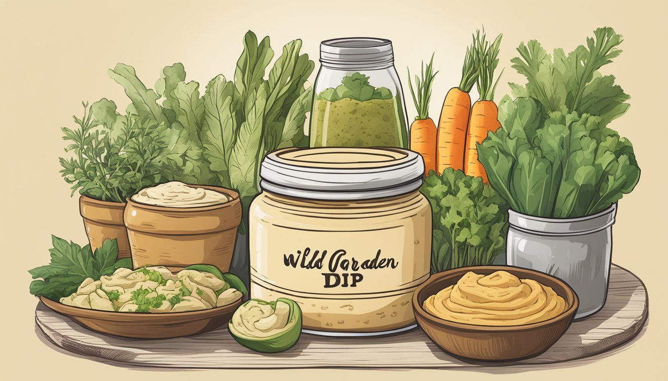 A table with a jar of wild garden traditional hummus dip surrounded by fresh vegetables and pita bread, with a sign indicating availability for purchase