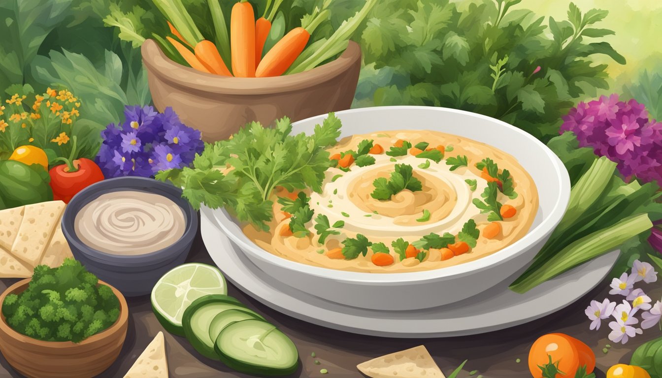 A bowl of traditional hummus surrounded by a variety of fresh vegetables and pita bread, set against a backdrop of a wild garden with blooming flowers and greenery