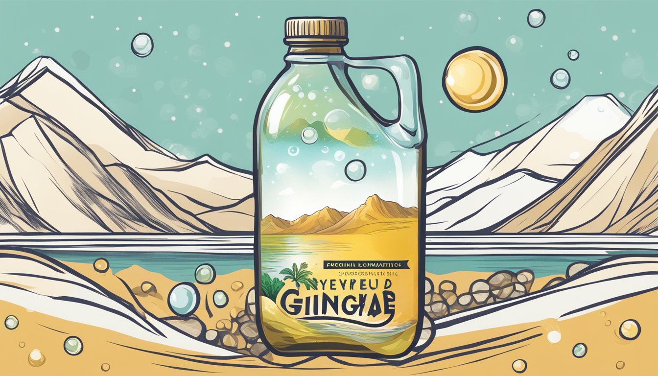 A glass bottle of Synergy Blend gts organic raw kombucha gingerade being unpacked, with bubbles rising to the surface