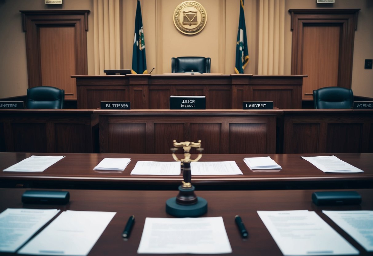 A courtroom setting with a judge's bench, witness stand, and lawyer's tables. Documents and evidence displayed. Serious and professional atmosphere