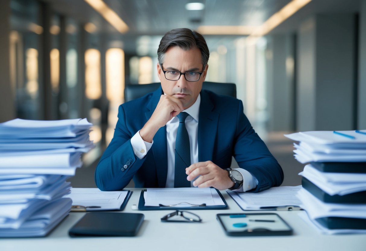 A criminal lawyer sits at a desk, surrounded by legal documents and evidence. They are deep in thought, strategizing and preparing for trial