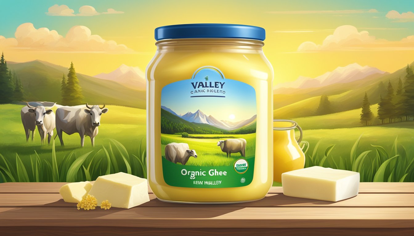 A jar of Organic Valley ghee sits on a wooden table, surrounded by fresh dairy products and a field of green grass in the background