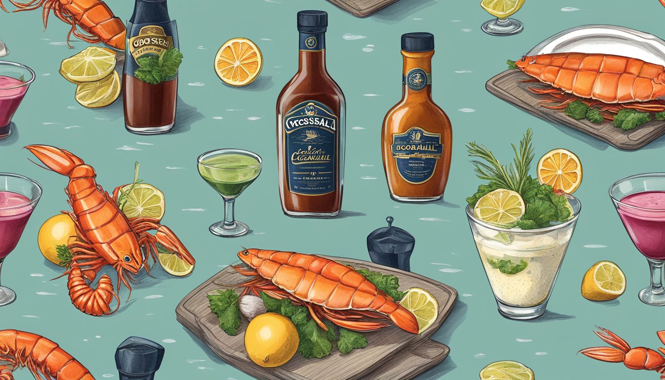 A vintage bottle of Crosse & Blackwell cocktail sauce surrounded by fresh seafood and a classic cocktail glass