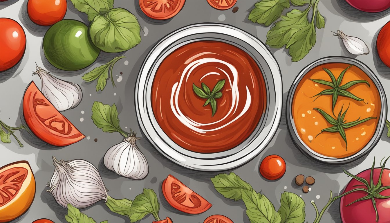 A bowl of cocktail sauce surrounded by ingredients like tomatoes, onions, and spices, with a bold and tangy flavor profile