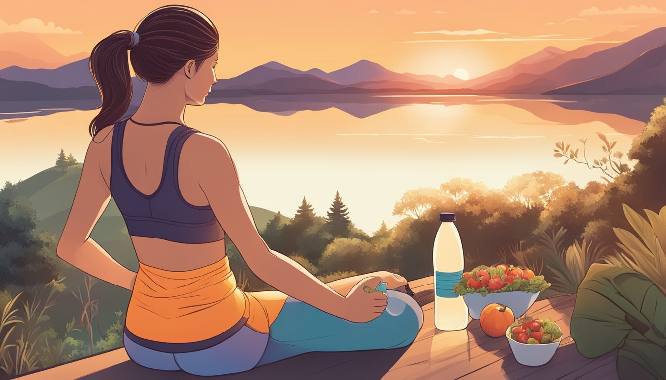 A woman exercising alone at sunset, surrounded by nature, with a healthy meal and water bottle nearby