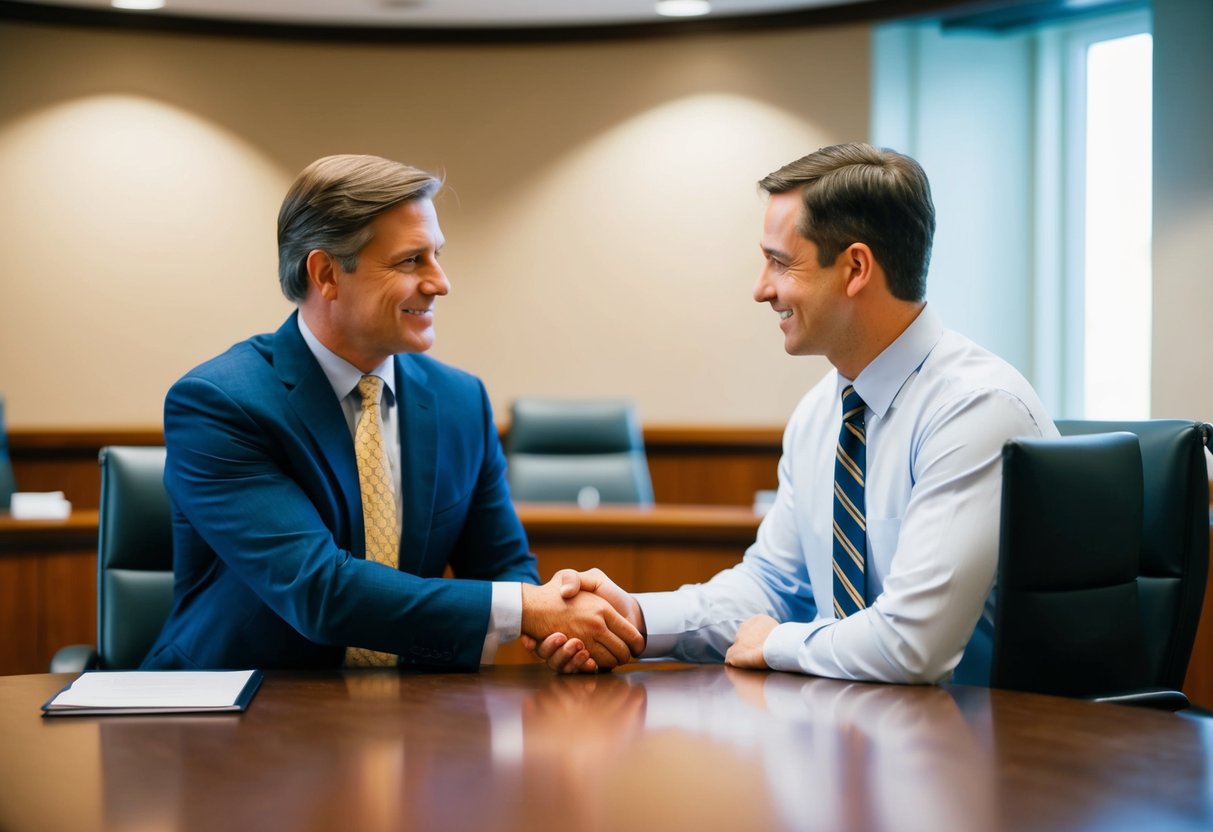 A criminal defense attorney and a client shaking hands in a courthouse conference room