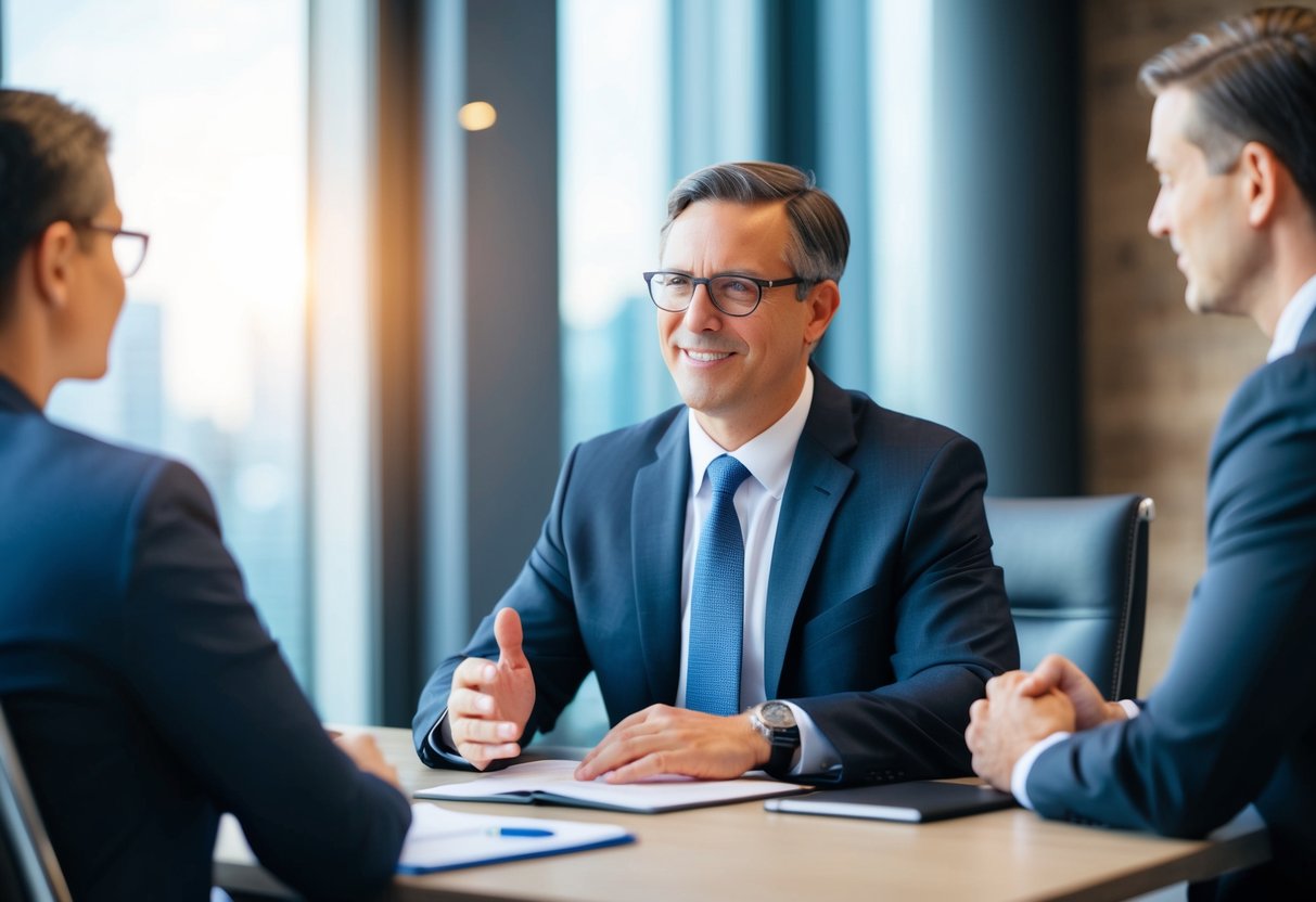 A defense attorney confidently engaging in negotiation with a client, exuding trust and professionalism