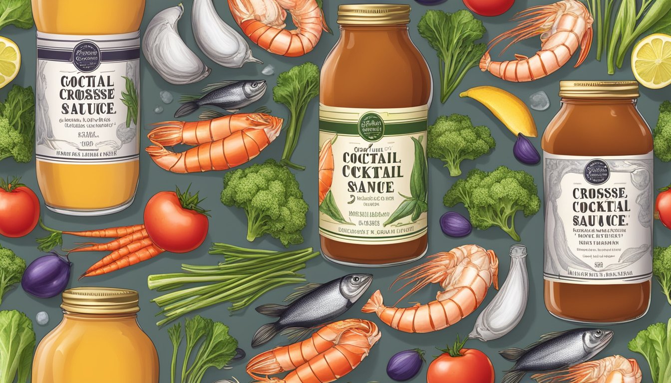 A jar of Crosse & Blackwell cocktail sauce surrounded by fresh seafood and vegetables