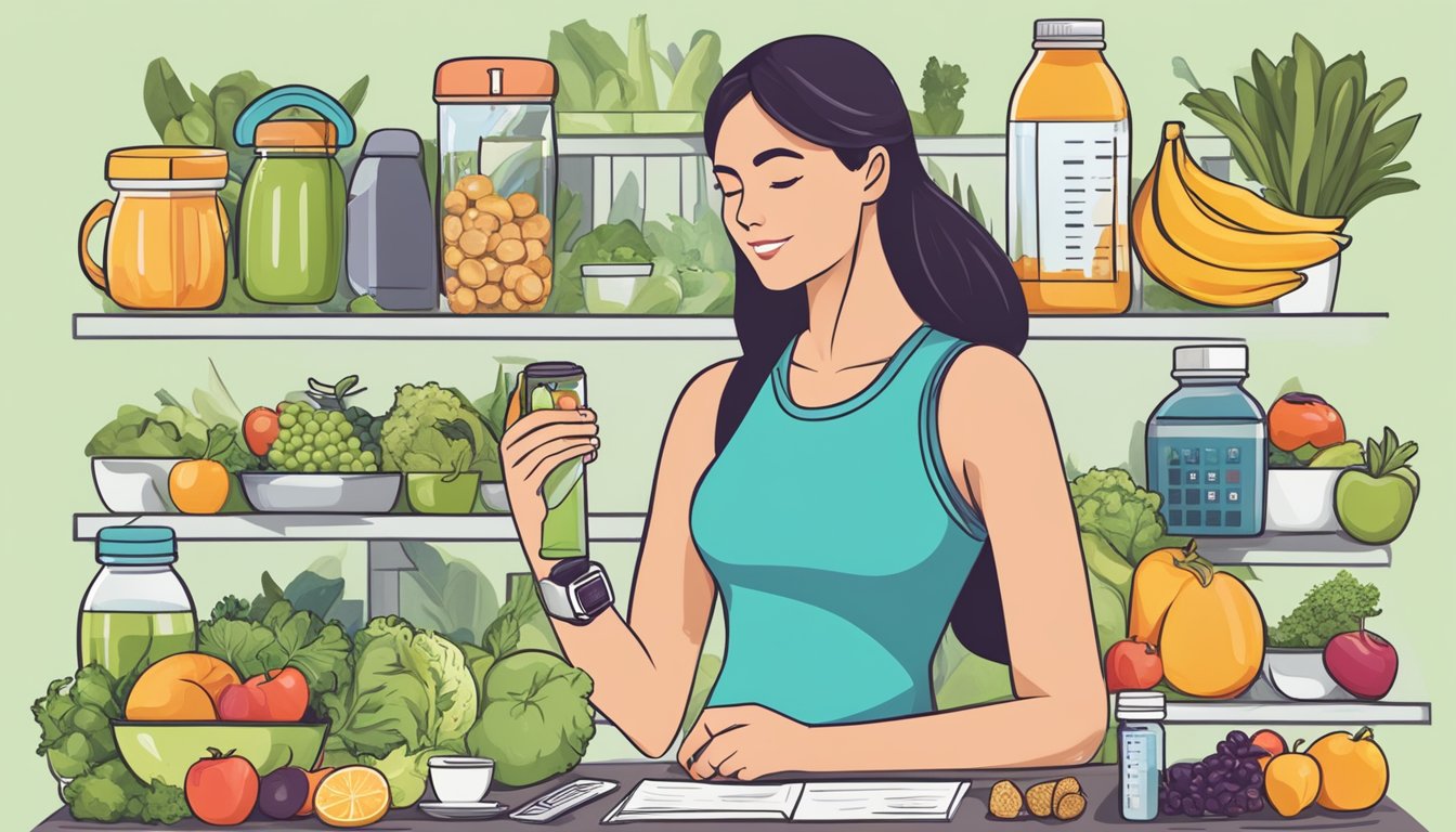 A woman surrounded by various healthy food options, a water bottle, and a calendar, with a fitness tracker on her wrist