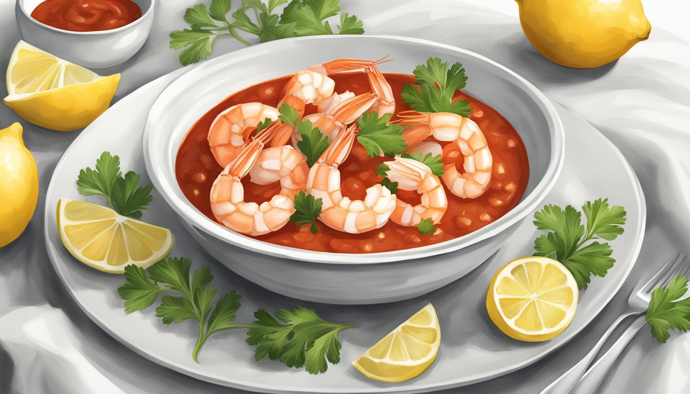 A bowl of cocktail sauce surrounded by shrimp, lemon wedges, and parsley on a white serving platter