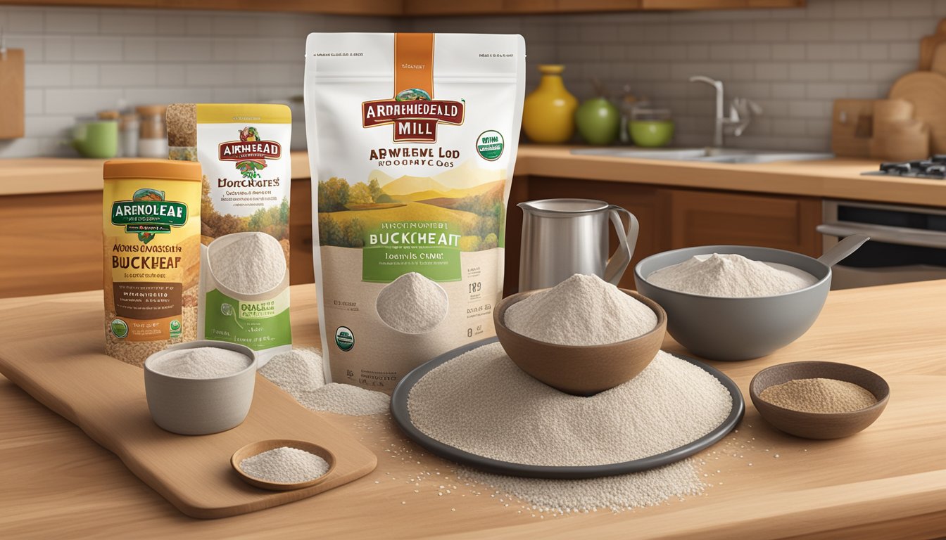 A bag of Arrowhead Mills organic buckwheat flour sits on a wooden kitchen counter, surrounded by measuring cups and a mixing bowl