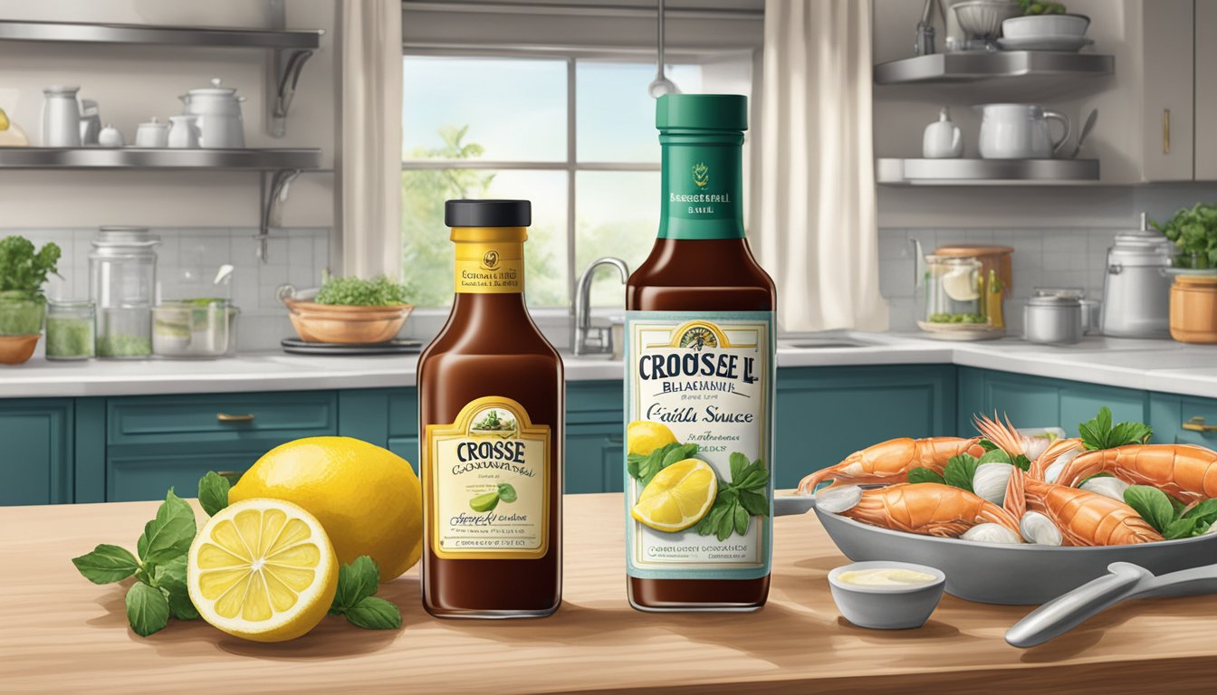 A bottle of Crosse & Blackwell cocktail sauce sits on a kitchen counter, surrounded by fresh seafood, lemons, and herbs