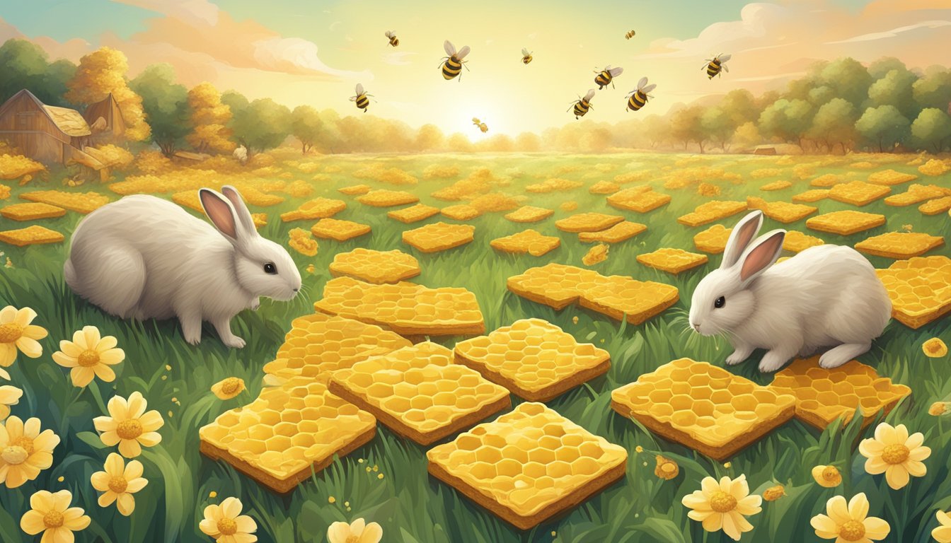 A field of golden honeycombs with buzzing bees and bunnies nibbling on graham crackers