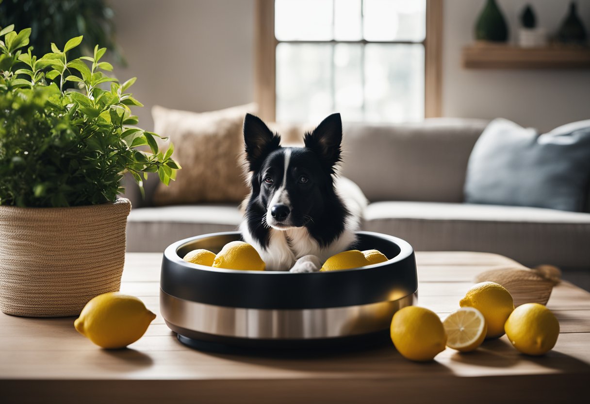 Uma sala de estar aconchegante com uma cama de cachorro fofinha, janelas abertas e uma tigela de limões frescos na mesa para eliminar o forte cheiro de cachorro na casa.