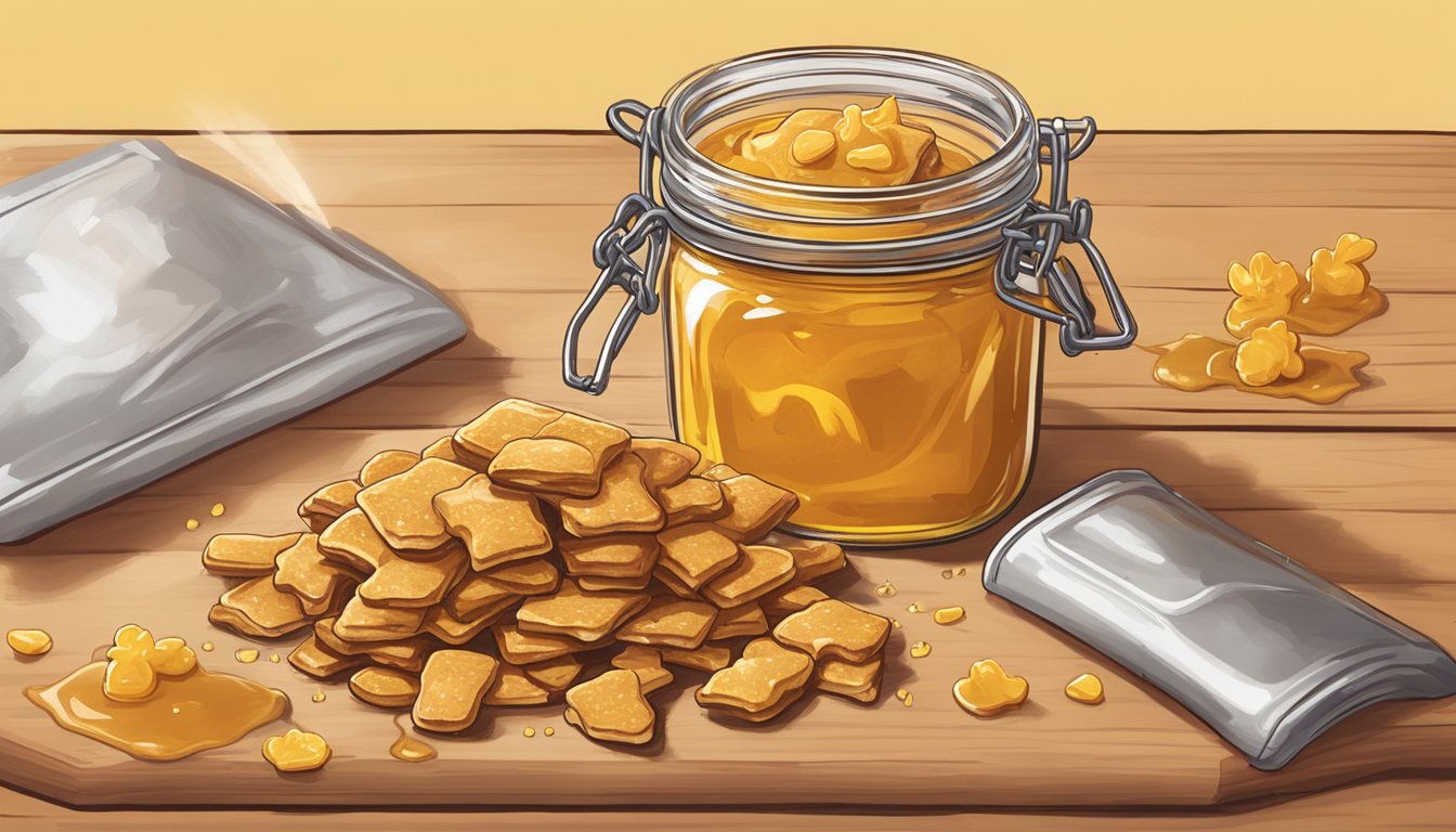 A jar of honey spills onto a pile of Annie's Organic Bunny Grahams, creating a sticky and sweet mess on a wooden table