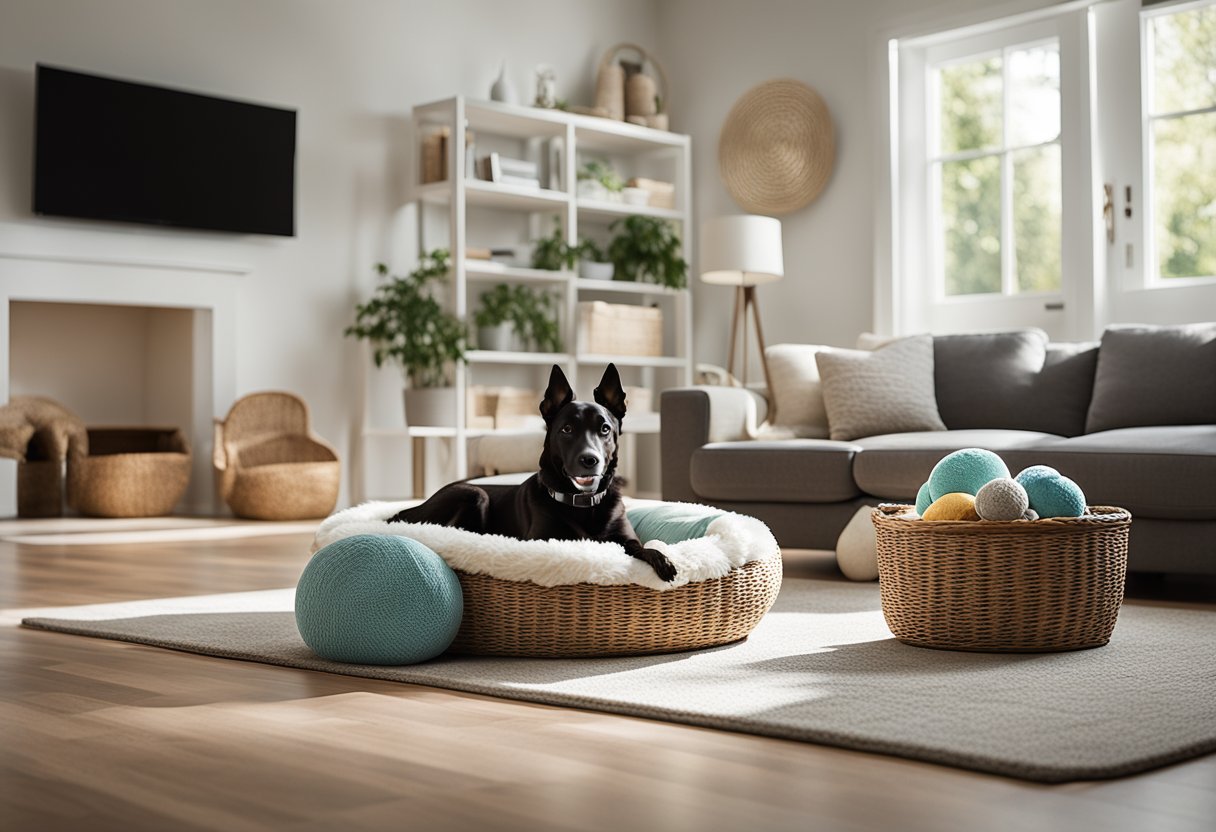 Uma sala de estar limpa e iluminada com uma cama de cachorro aconchegante no canto. Uma cesta de brinquedos de cachorro recém-lavados está próxima. Uma janela aberta permite a circulação de ar fresco, e uma vela aromática queima na mesa de café.