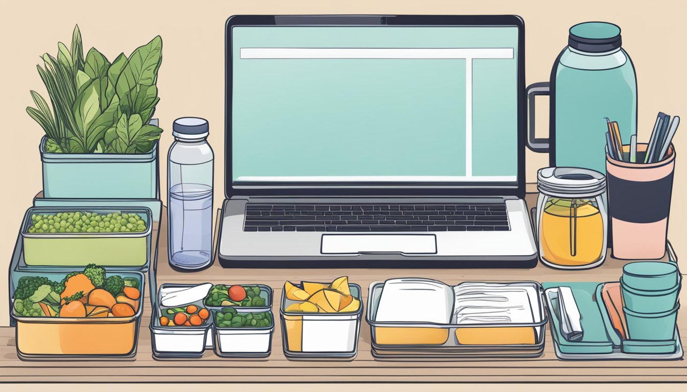 A busy professional's desk with a laptop, planner, water bottle, and healthy meal prepped in a divided container